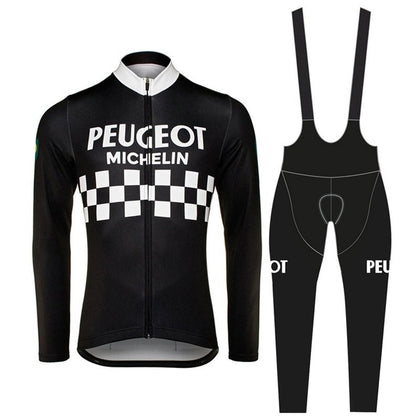 Retro Cycling Outfit Peugeot - Jacket (fleece) and long pants - Black