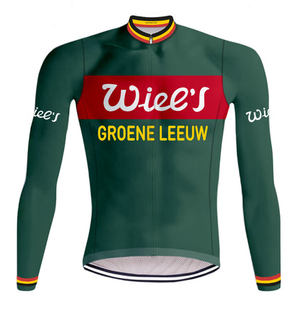 Retro Cycling Jacket (fleece) Wiel's Groene Leeuw LONG SLEEVES - Red/Green
